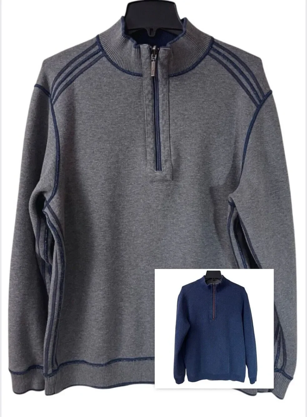 Tommy Bahama 1/4 Zip Sweater Mens Large Gray Blue Reversible Pullover Casual